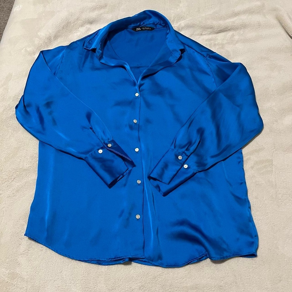 Zara blue silk button up top
